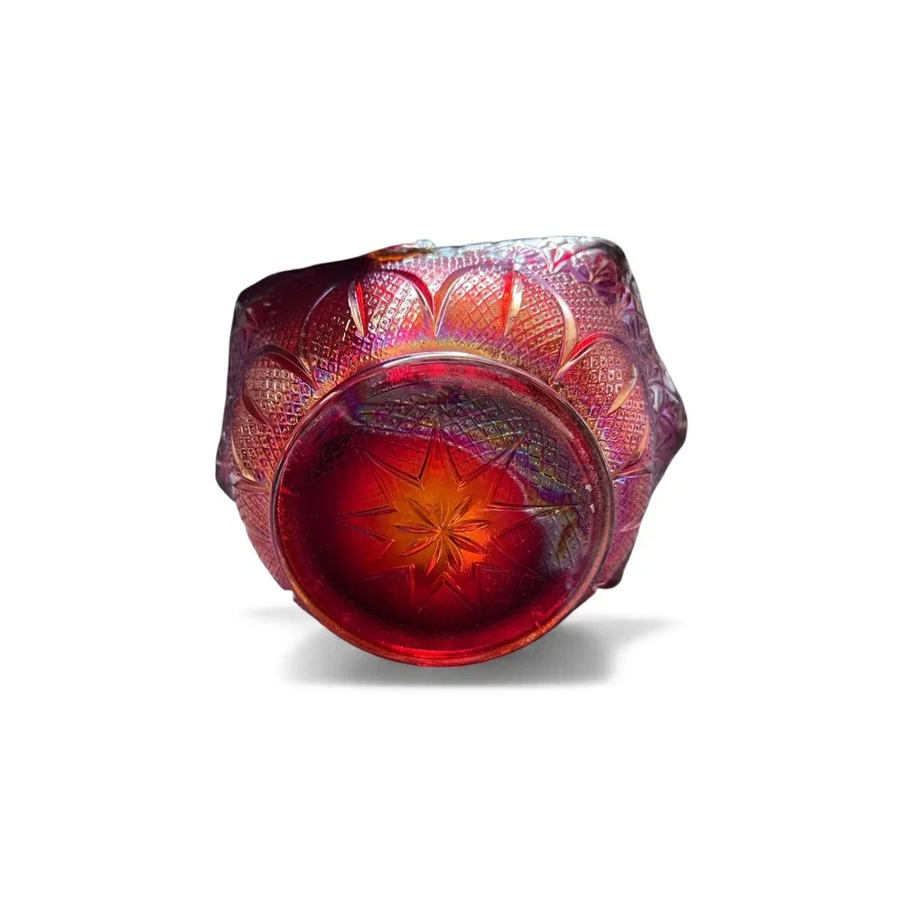 Carnival Glass Candy Dish Basket Hobnail Handle Iridescent Ruby Red Amber